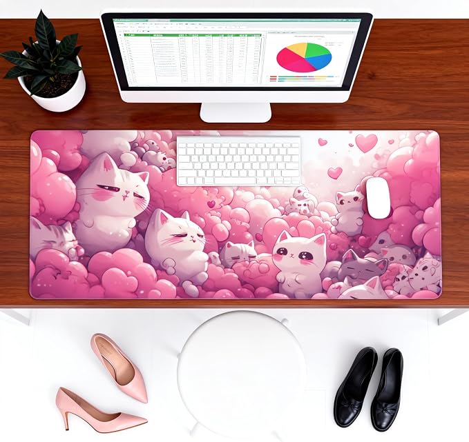Cute Anime White Cat Gaming Mouse Pad, Pink Dreamy Desk Mat with Anti-Slip Base & Stitched Edges, Computer Keyboard & Laptop Pad, 35.4" x 15.7" in in Workstation Accessories