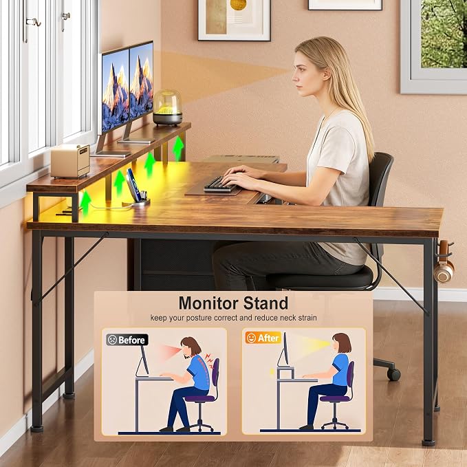 Korfile 66" L Shaped Computer Desk,Power Outlets,LED,Drawers,Rustic Brown | 66 inch L shaped Computer Gaming Desk with Power Outlets,Reversible Corner Design with Drawers,LED Lights,Office Gaming Work