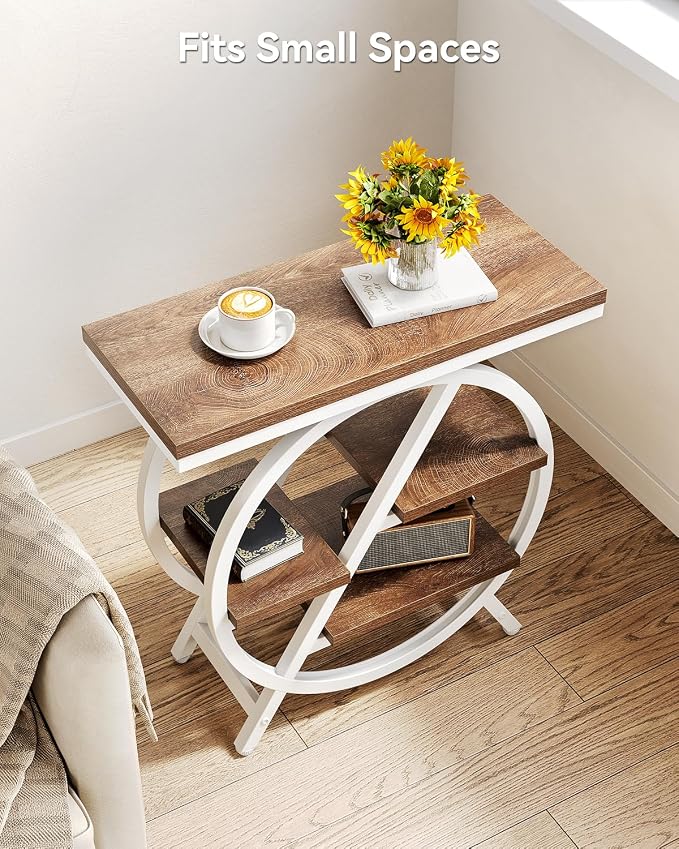 LITTLE TREE End Table, Narrow Side Table with 4-Tier Large Storage Space, Modern Bedside Table for Living Room, Home Office, Bedroom, Brown and White