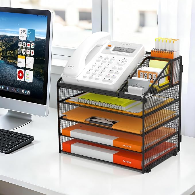 DocNest 5 Tier Metal Mesh Desk File Organizer with Phone Shelf, Black | Desktop letter tray sorter features a 9.1x9.1 inch top phone holder, built-in sticky note compartment and pen holder
