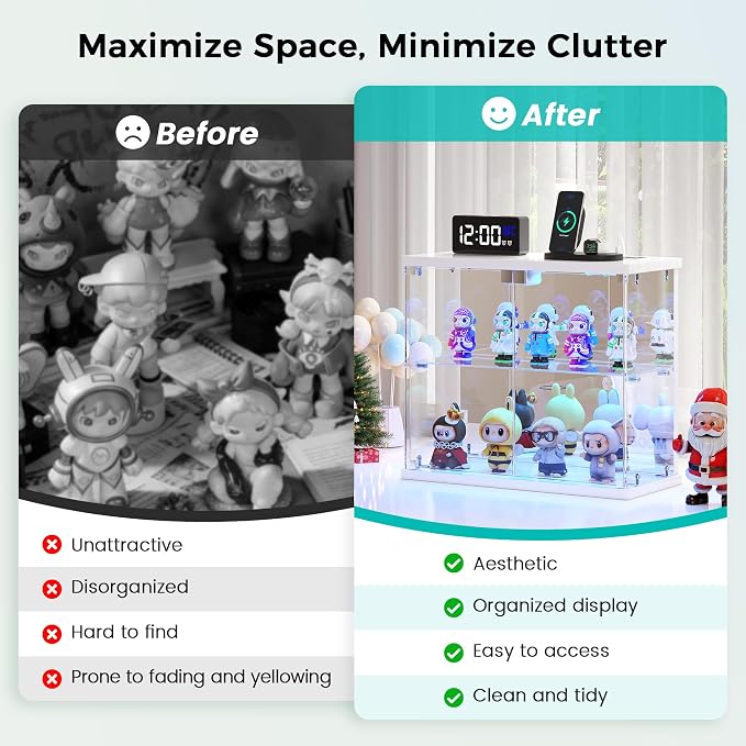 Dystler 2pc Glass Display Case with LED Lights, Small 2-Tier for Figures | Lighted Display Cabinet with Motion Sensor, Clear Tempered Glass Door, USB-C Charging Hub for Collectibles, Rocks, Tabletop