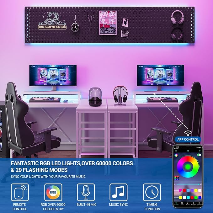 Hetoy L-Shaped Gaming Desk with Power Outlets, Corner Desk with Drawers, Shelves & LED Lights, Computer Desk for Home & Office