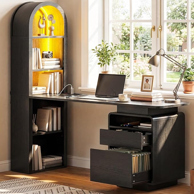 YITAHOME 59" Computer Desk with LED Lights & Power Outlets, Black | Home Office Desk with Bookshelf, File Drawer & Storage Shelves, Gaming Desk with USB Ports, Modern Study Writing Table