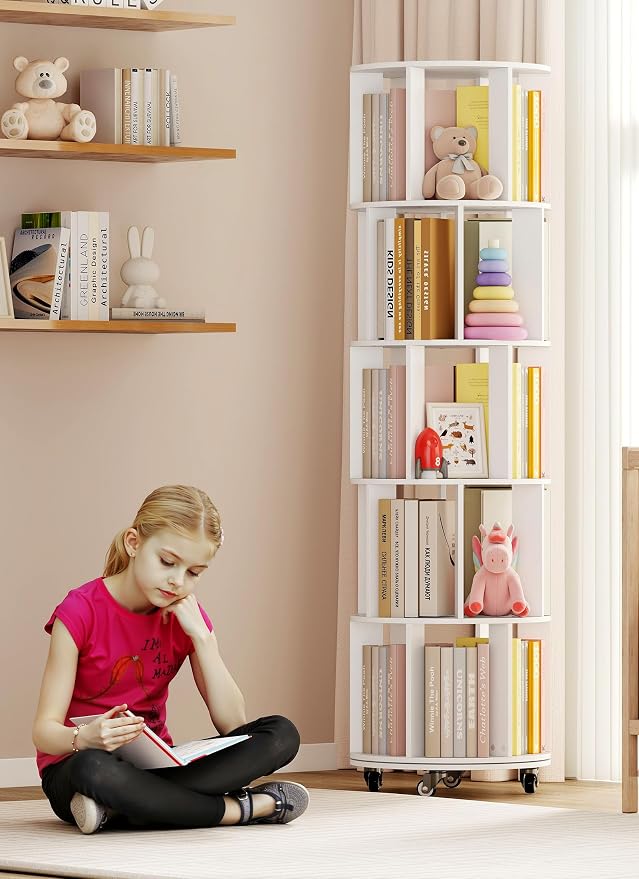 5 Tier 360° Rotating Bookshelf with Larger Capacity, Adjustable Small Space Bookcase on Wheels, Revolving Round Bookshelves, Tall Storage Book Shelf Tower for Bedroom Office Kids Room (White)