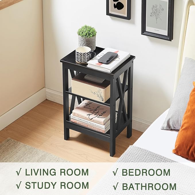 VECELO End Table, Bedside Table, 24" Tall Living Room End Tables, X-Design Reinforced Nightstands, Side Table with 3-Tier Storage Shelves for Small Spaces, Office, Bathroom, Bedroom, Black