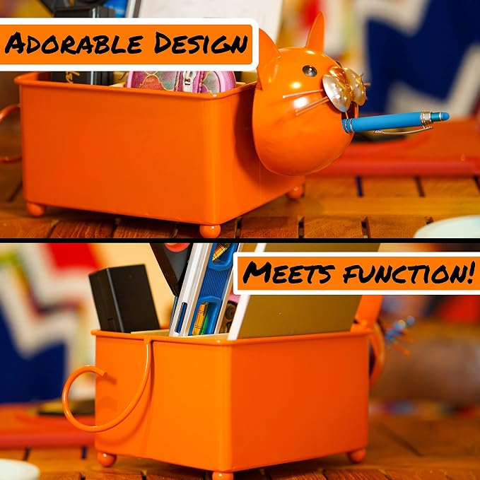 Desk Organizer, 1-5 Module Compartments - Storage for Stationery Supplies, Accessories, brushes - Home, Office, School, Dorm, Studio - Build in Pen & Pencil Holder (Orange Cat)