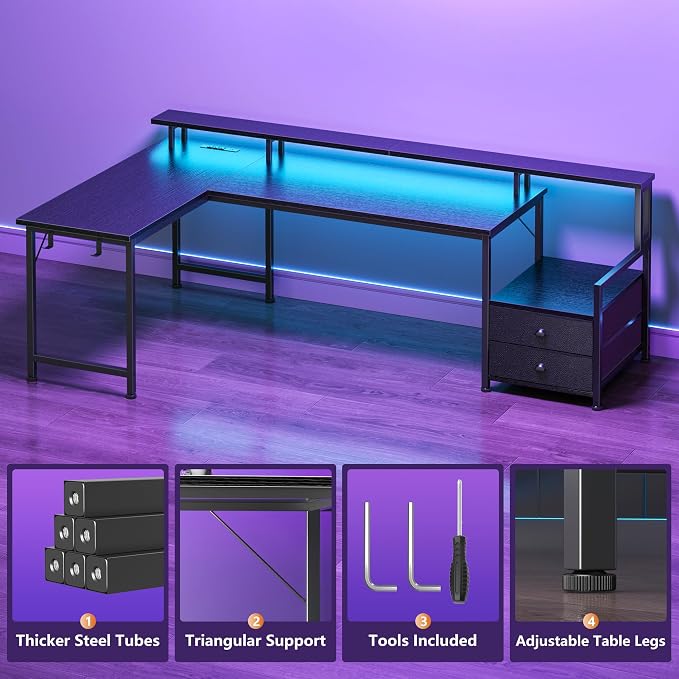 Korfile 66'' L Shaped Gaming Desk with Drawers and Storage Shelves, Reversible Corner Desk with Power Outlets and Host Stand, Large Computer Desk with Led Lights for Gaming, Work, Home Office, Black | Large Black Computer Desk with Host Stand, Reversib...