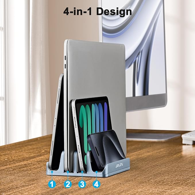 JARLINK 4-in-1 Adjustable Vertical Laptop Stand, Aluminum Holder, Grey | Space-Saving Aluminum Laptop Holder, Compatible with All MacBook, Surface, Chromebook, Phone, and Gaming Laptops.