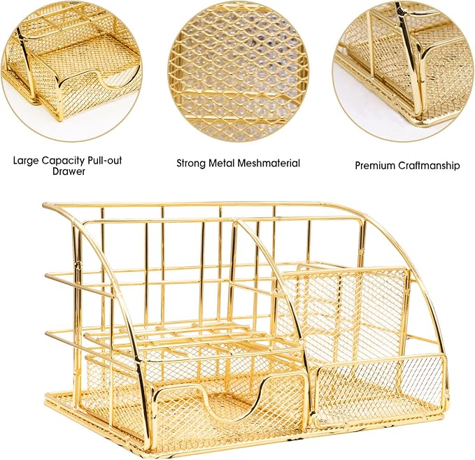KAAKOW Gold Desk Organizers and Accessories Office Supplies Set Stapler, Pen Holder, Phone Holder, Scissors, Pen, Ruler, 30 Paper Clips, 22 Binder Clip, 20 Tacks and 1000pcs Staples (Gold)