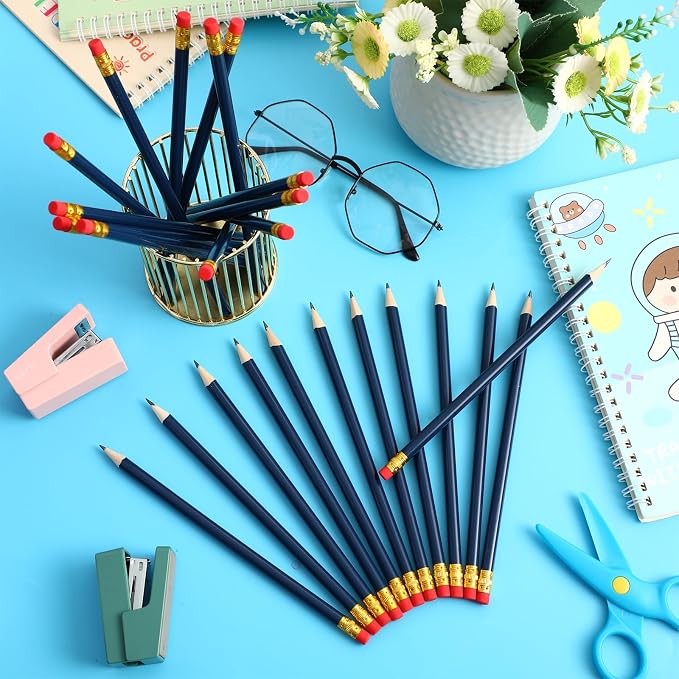 Outus 24 Pieces Round Pencils Cute HB Graphite Wood Pencils Bulk with Eraser for School Writing Drawing Sketching Wedding Office Supplies(Blue)