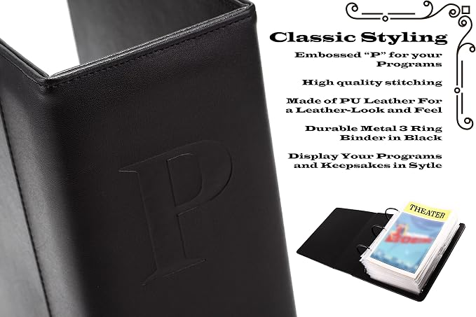2Fold Binder for Holding Broadway Play Program and Theater Programs with 30 Custom Sheet Protectors - PU Leather - Fits Programs from Mid 1980s to Modern (Black EmbossedP)