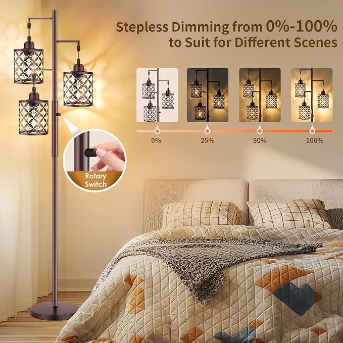 Dimmable Floor Lamp, Farmhouse Standing Lamp with Elegant Metal Cage, Industrial Tall Tree Floor Lamps for Living Room Bedroom Study Room Office, 3 x 800LM LED Bulbs Included - 72", Brown