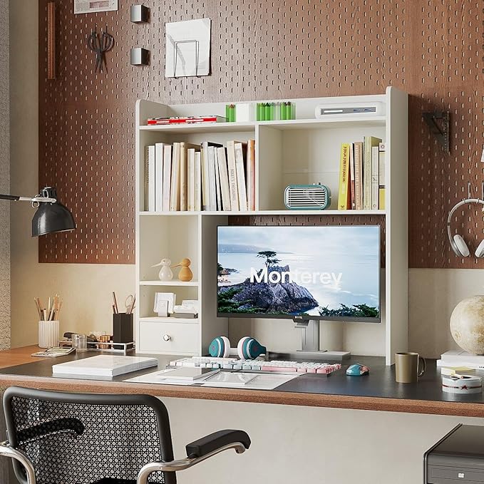 ChooChoo Desktop Bookshelf, 36.4" DormDesk Hutch with 5 Shelves | Countertop Desk Hutch, 1 Drawer,for Computer Desk, Desk Shelf Organizer, Dorm Office Home, White
