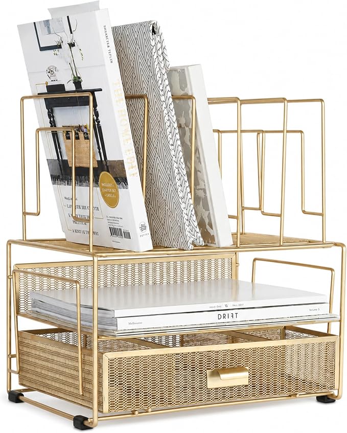 BLU MONACO | Gold Desk Organizer With Drawer | Metal Mesh File Holder & Vertical File Organizer | Desktop Storage for Office Supplies, Papers & Folders | 9.3" D x 13" W x 14" H