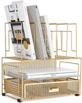 BLU MONACO | Gold Desk Organizer With Drawer | Metal Mesh File Holder & Vertical File Organizer | Desktop Storage for Office Supplies, Papers & Folders | 9.3" D x 13" W x 14" H