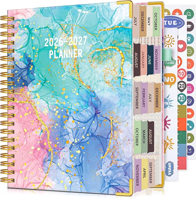 Academic Planner 2026-2027, 18 Months Weekly and Monthly Daily Planner from July 2026 - December 2027, 8.5" x 11" A4 Large Hardcover Agenda Organizer Book with Tabs, Spiral Yearly Calendar Planners for School Work Home, Pink Blue Marble