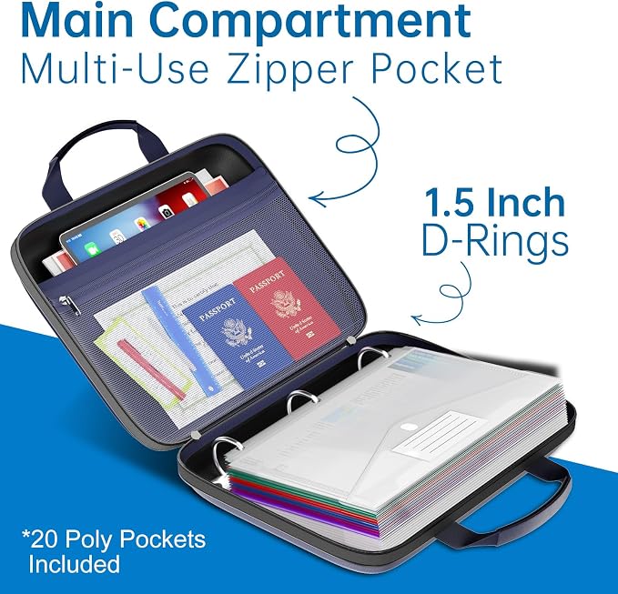 Fireproof Binder Organizer with 20 Pack Binder Pockets & Lock,Blue | Important Document Box with Zipper,Water Resistant Hard Case, Portable Home Office Safe Storage Protection for Letter Size