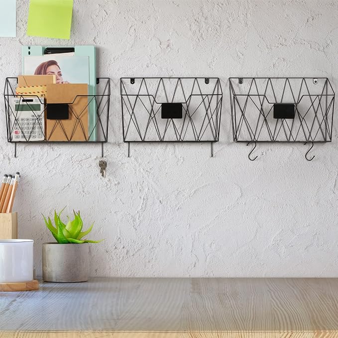 Wall File Organizer, 3 Pack Metal Wall Basket File Holder for Home Office | Vertical Hanging File Organizer, Mail Organizer Wall Mounted Magazine with Label Slot & Hooks, Sorts paper, Mails & Supplies