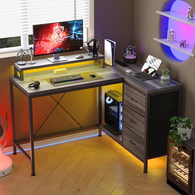 Garvee L-Shaped Computer Desk with Power Outlets & LED Lights - 43-Inch Reversible Corner Gaming Desk with 3 Drawers, Storage Shelves & Removable Monitor Stand, Modern Home Office Desk