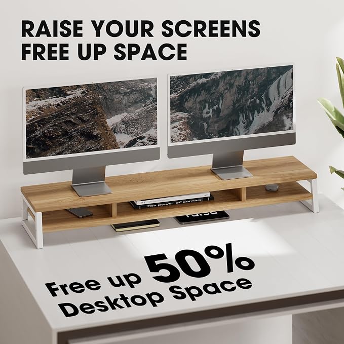 Fenge Dual Monitor Riser for Desk, Open Shelf with 3 Storage Compartments | 42.5in Computer Monitor Stand, 2-Tier Desk Shelf for Top of Desk,One-Piece Panel, fit Ultrawide Monitor, PC, Laptop, Dark Oak
