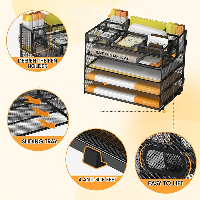 5 Tier Paper Letter Tray Desk Organizer with Pen Holders - Black | Features 3 pen holders and 4 removable dividers.Versatile mesh desktop storage for mail, document,office supplie