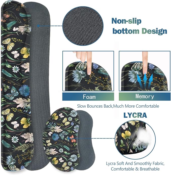 Keyboard Mouse Pad Set, Extended Mouse Pad with Keyboard Wrist Rest Support, Memory Foam Ergonomic Desk Pad Set for Home Office, Flower Leaf Butterfly
