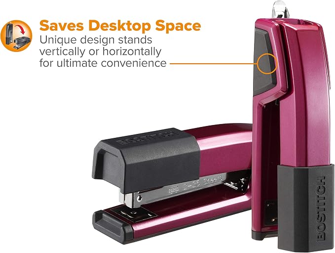 Bostitch Office Epic Metal Desk Stapler, 25 Sheet, Staple Remover, Purple | Die-cast body opens 180 degrees for bulletin boards, with a temporary stapling option and a hidden slot for backup fasteners.