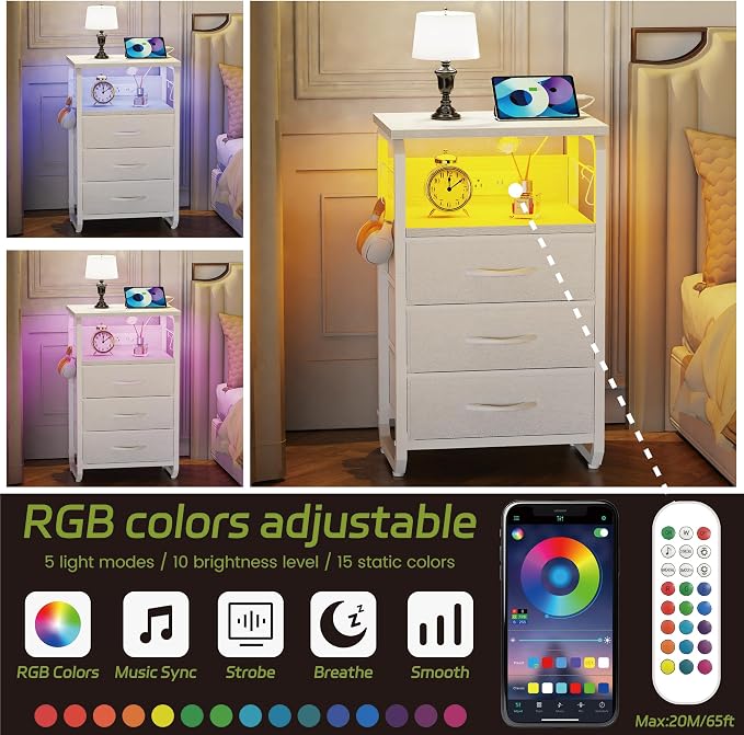 runjuly End Table Small with LED Light, Charging Station, and Hooks, White | 3 Fabric Drawer Storage, Type C & USB Ports & Power Outlets, Modern Nightstand for Living Room / Bedroom / Dorm