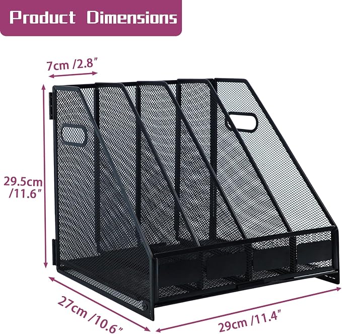 Desk Organizers, Metal Magazine File Holder with 4 Vertical Compartments Rack Binder File Organizer for Office Supplies, Home Workspace - Black