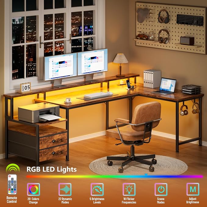 Korfile 66" L Shaped Computer Desk,Power Outlets,LED,Drawers,Rustic Brown | 66 inch L shaped Computer Gaming Desk with Power Outlets,Reversible Corner Design with Drawers,LED Lights,Office Gaming Work