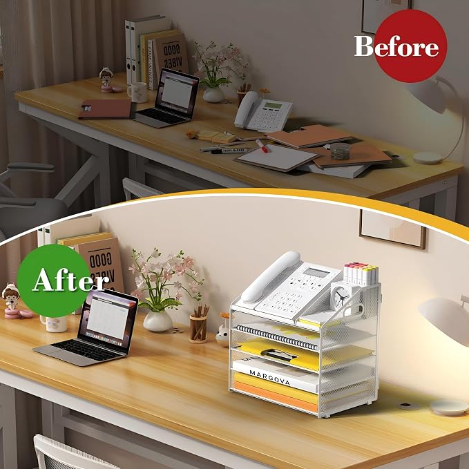 5 Tier Mesh Desk Organizer with Pen Holder and Handle Letter Tray | Metal desktop document shelf and paper sorter. Premium mesh workspace storage for office, home, and classroom
