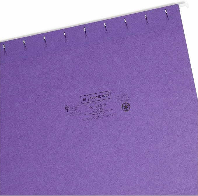 Smead Colored Hanging File Folder with Tab, 1/5-Cut Adjustable Tab, Letter Size, Purple, 25 per Box (64072) (Pack of 1)