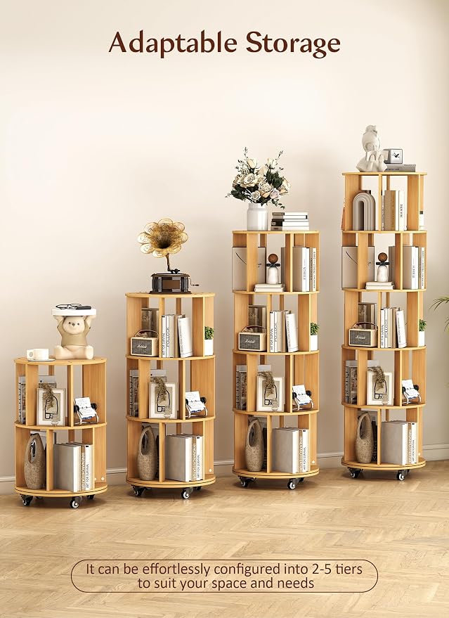 5 Tier Rotating Bookshelf 360 ° Rotating Bookshelf Tower Wood Revolving Bookcase Tall Narrow Spinning Book Shelf Tower with Storage and Sturdy Construction for Bedroom, Living Room, Office(Wood)