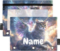 Custom Unicorn Cat with Wings Pencil Pouch for 3 Ring Binder, 2 Pack Personalized Name Waterproof Pencil Bags Clear Window Pencil Case School Office Supplies