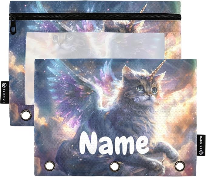 Custom Unicorn Cat with Wings Pencil Pouch for 3 Ring Binder, 2 Pack Personalized Name Waterproof Pencil Bags Clear Window Pencil Case School Office Supplies