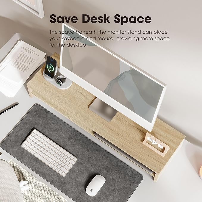 Fenge Monitor Stand, 31.5 Inch Computer Monitor Riser for Desk, 2 Tiers Wood Desk Shelf with Storage, Desktop Organizer for PC, Laptop, Screen, Printer
