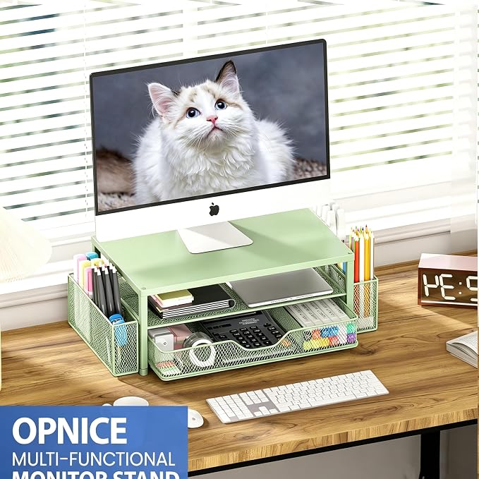Desk Organizers and Accessories, Computer Monitor Stand Riser with Drawer and 2 Pen Holders, Printer & Laptop Stand, Office Desk Accessories & Workspace Organizers for Home Office Supplies, Green