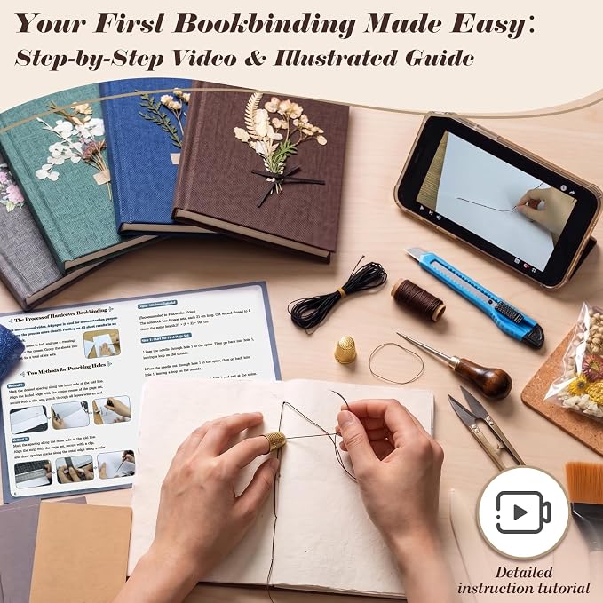 Ecoofor Bookbinding Kit for Beginners, 167 PCS 4 Pack Book Making Kit with A5 Paper, Book Cloth, Awl & Tools, Pressed Flowers & Heat Transfer Film, Gift-Ready Box with Video Tutorials