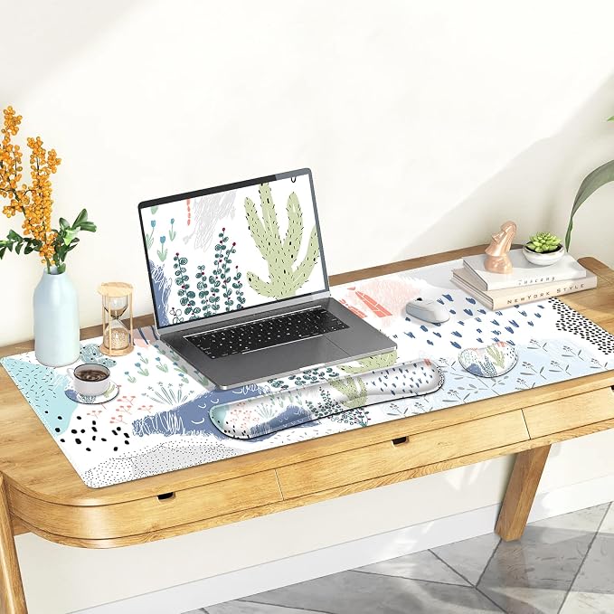 Large Gaming Mouse Pad Set, 4 in 1 Extended Keyboard Desk Mat with Wrist Rest, PC Computer Game Mousepad Set, Non-Slip Desk Pad Protector Easy Typing Pain Relief for Home Office I Cactus Plants