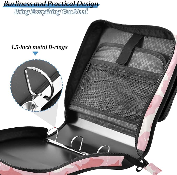 Shark Pink Print Zipper Binder Bag 3 Ring with Shoulder Strap & Handle Multi Pocket Binder Organizer Bag Large Capacity for School Office Supplies