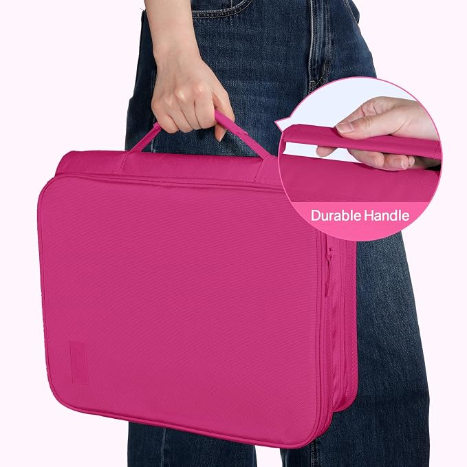 SUNEE Zippered Binder Bag with Handle, 2-Inch 3-Ring O-Ring, 500-Sheet Capacity, Includes Zip Pocket, 5-Tab Expanding File Folder, Multi-Pocket Organizer Binder for Middle School, Berry Pink