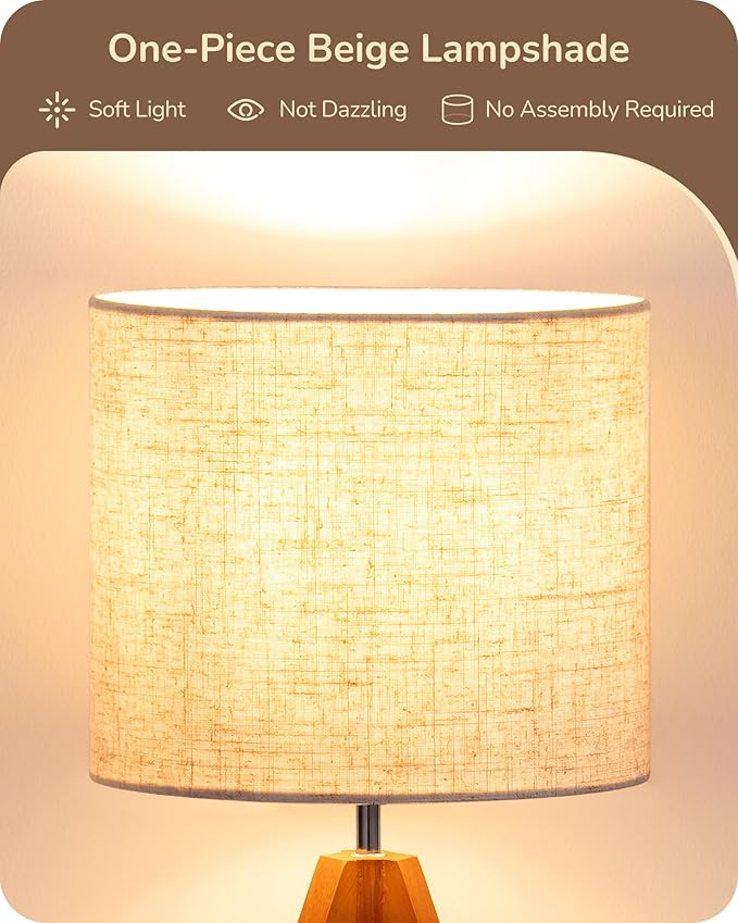 EDISHINE Tripod Table Lamp, Small Cute Bedside Lamp, 14.2 Inch, E26 Base | Light Brown Wooden Base, Linen Beige Lampshade, Nightstand Lamp for Nursery, Bedroom, Kid Room, Living Room