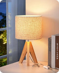 EDISHINE Small Table Lamp, Boho Bedside Lamp, Linen Fabric Shade, 14.2 Inch | ON/Off Switch, Wood Tripod Base, E26 Socket, Boho Nightstand Lamp for Living Room, End Table, Office