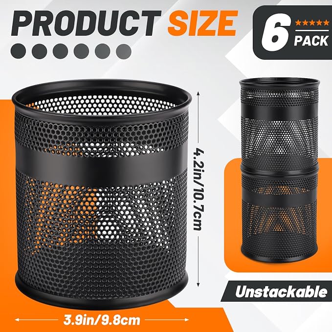 Segarty Pen Cup, 6 Pack Black Pen Holder for Desk, 3.9 x 4.2 inch Large Mesh Round Pencil Container Set Marker Holder Organizer for Office Supply, Desktop Accessories, School Student Teacher