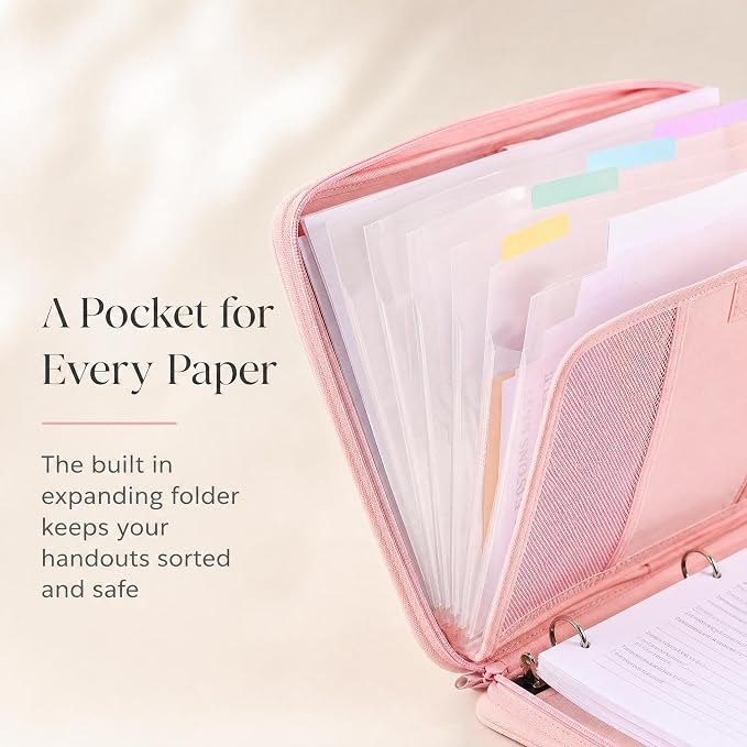 Sturdy 3 Ring Zipper Binder with Strap for School - Beautiful 1 Inch Zip Up Binder with 5-Tab Dividers Holds 420 Sheets, Books & Laptop - Easy to Carry Trapper Keeper Made of Premium Fabrics
