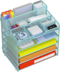 Docnest 5 Tier Mesh Desk Organizer with Letter Tray & Paper Sorter, Blue | Features 3 built-in pen holders & 5 adjustable compartments on top. Includes 4 non-slip rubber feet for desk protection