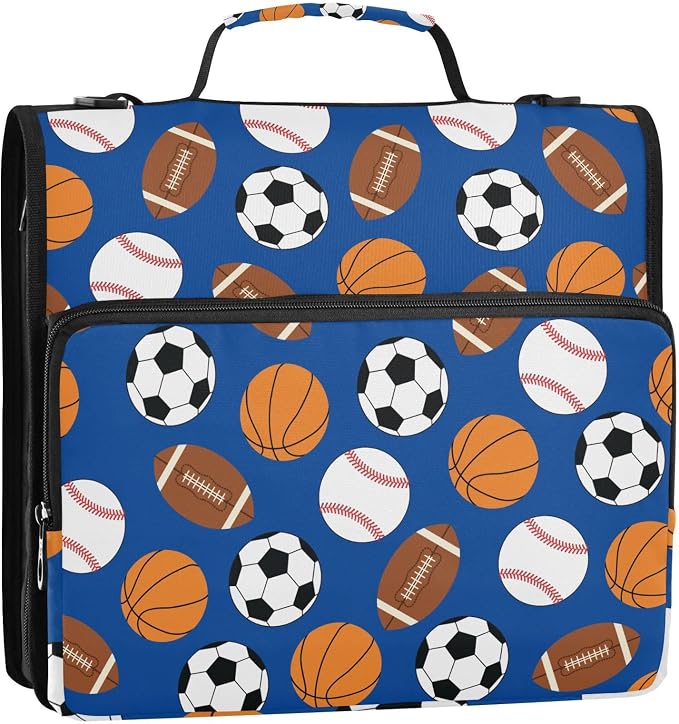 Sports Football Baseball Pattern 3 Ring Zipper Binder with Shoulder Strap & Handle 2 Inch D-Ring Zippered Binder Bag with Multiple Pocket & Pencil Pouch, Binder Organizer for School or Office