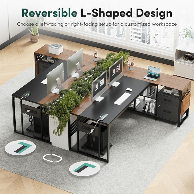 MALOL 70.3" Reversible L-Shaped Office Desk with Power Outlet Computer Desk | Large Executive Desk with Locked File Drawers & Storage Shelves, Pegboard, Mobile CPU Stand, Modern Corner Desk, Walnut