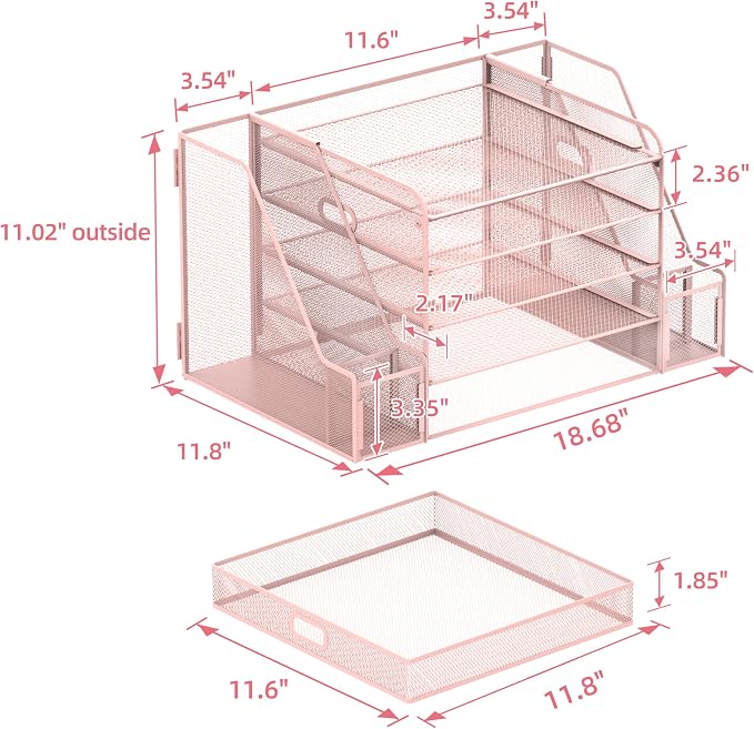 Mesh Desk Organizer with File Holder, 5-Tier Paper Letter Tray Organizer with Magazine Holder, Desktop Organizer and Storage with Drawer for Office Supplies Home or School (Pink) | Two side magazine holders and a bottom drawer store papers, folders, no...