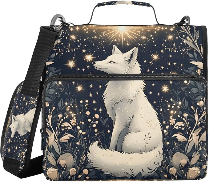 3 Ring Zipper Binder with Shoulder Strap White Mystical Fox Star 2 Inch Zippered Binder Bag 500 Sheet Capacity Multi Pockets for School Supplies